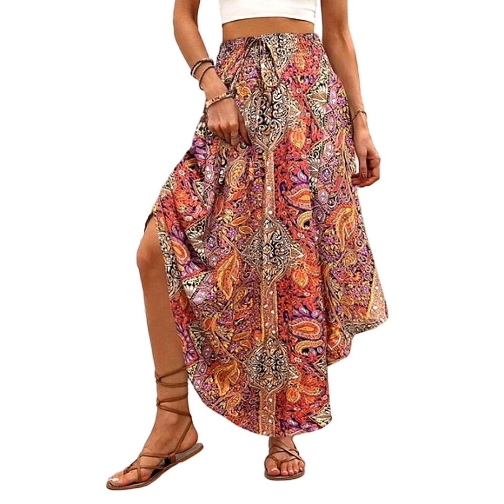 Bohemian Long Skirt Vacay Outfit Boho Hilo Maxi Orange Paisley Plus Size Outfit - Picture 3 of 6
